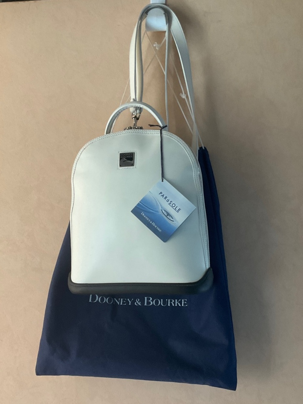 Dooney & Bourke Parasole White Leather Backpack with Black Rubber Base, with Tag